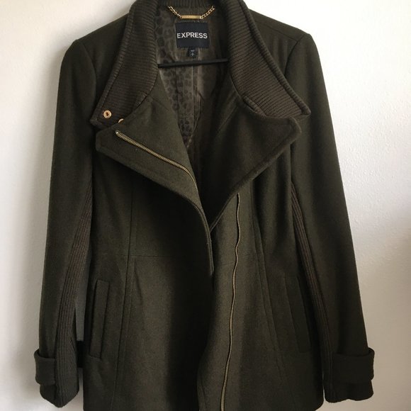 Express Olive Green military style Wool Coat with Gold hardwear, New, Size Small - Picture 6 of 11